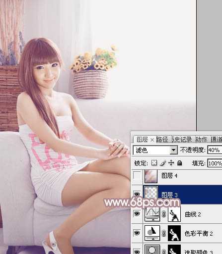 ‘Photoshop为室内美女图片增加柔美的淡调紫褐色‘