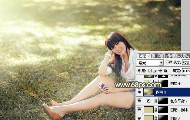 ‘Photoshop将草地美女图片打造出唯美的阳光褐色‘