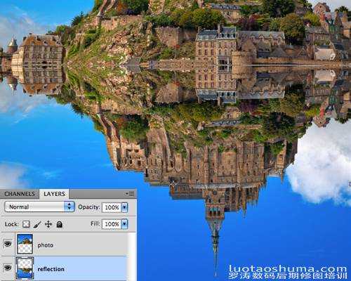 ‘Photoshop将建筑物图片制作出水波倒影效果‘