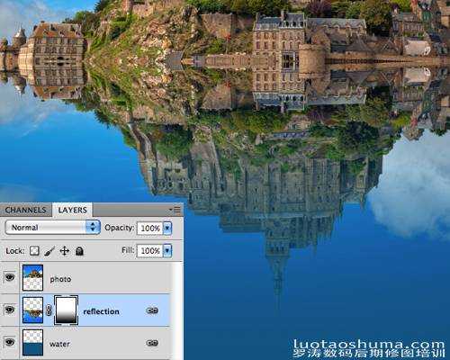 ‘Photoshop将建筑物图片制作出水波倒影效果‘