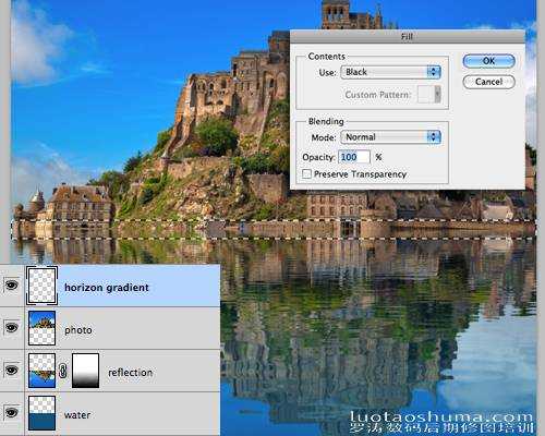 ‘Photoshop将建筑物图片制作出水波倒影效果‘