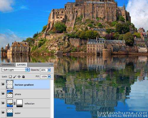 ‘Photoshop将建筑物图片制作出水波倒影效果‘