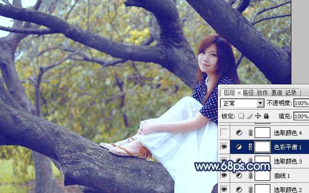 ‘Photoshop为坐树枝上的美女调制出小清新的蓝黄色‘