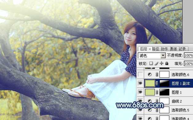 ‘Photoshop为坐树枝上的美女调制出小清新的蓝黄色‘
