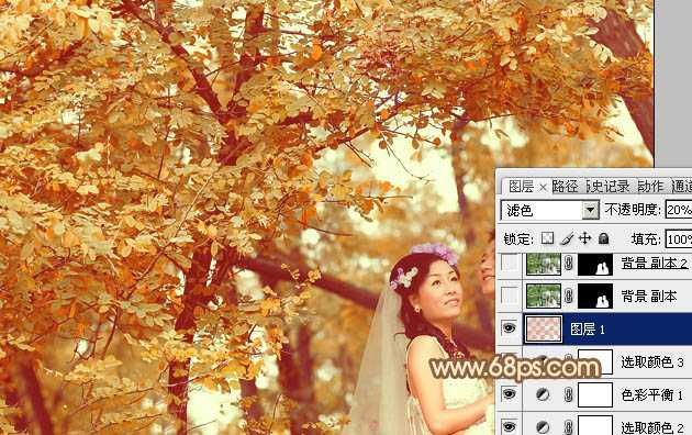 ‘Photoshop将树林婚片打造出柔和温馨的秋季暖色调‘