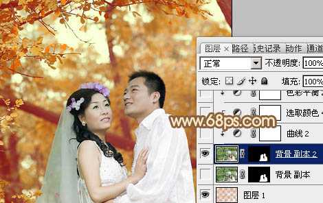 ‘Photoshop将树林婚片打造出柔和温馨的秋季暖色调‘