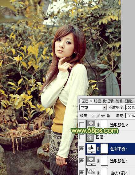 ‘Photoshop将树木边的美女图片调制出纯美的秋季黄绿色效果‘