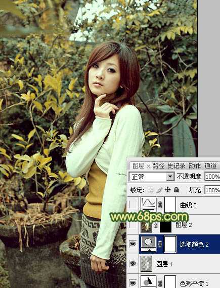 ‘Photoshop将树木边的美女图片调制出纯美的秋季黄绿色效果‘