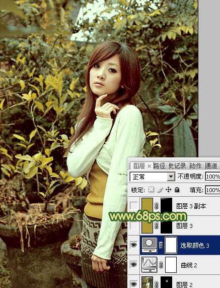‘Photoshop将树木边的美女图片调制出纯美的秋季黄绿色效果‘