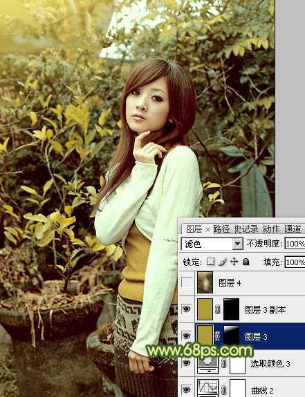 ‘Photoshop将树木边的美女图片调制出纯美的秋季黄绿色效果‘