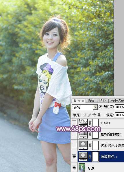 ‘Photoshop为绿叶边的美女加上梦幻的红褐色‘