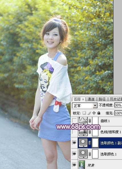 ‘Photoshop为绿叶边的美女加上梦幻的红褐色‘