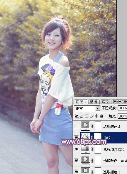‘Photoshop为绿叶边的美女加上梦幻的红褐色‘