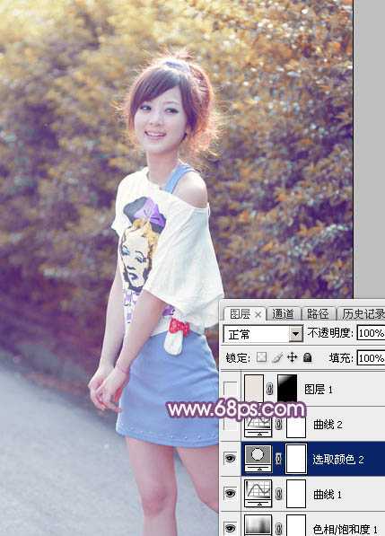 ‘Photoshop为绿叶边的美女加上梦幻的红褐色‘