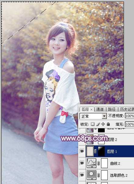 ‘Photoshop为绿叶边的美女加上梦幻的红褐色‘