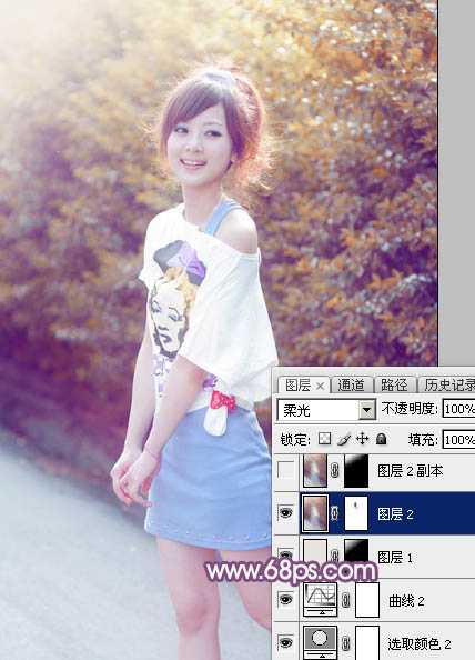 ‘Photoshop为绿叶边的美女加上梦幻的红褐色‘
