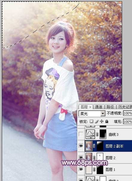 ‘Photoshop为绿叶边的美女加上梦幻的红褐色‘
