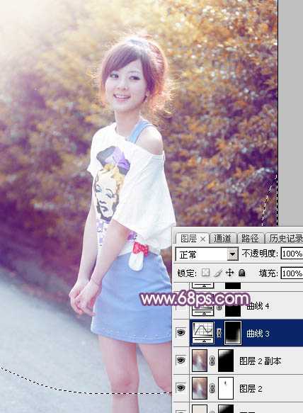 ‘Photoshop为绿叶边的美女加上梦幻的红褐色‘