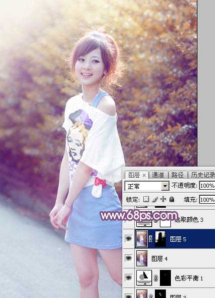 ‘Photoshop为绿叶边的美女加上梦幻的红褐色‘