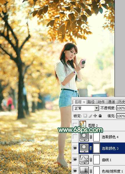 ‘Photoshop将树边美女调出甜美的秋季橙红色‘