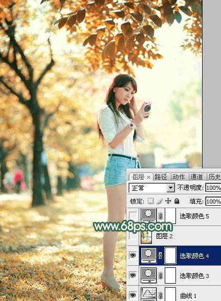 ‘Photoshop将树边美女调出甜美的秋季橙红色‘