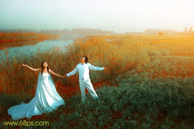 ‘Photosho将江景芦苇婚片打造成唯美的晨曦效果‘