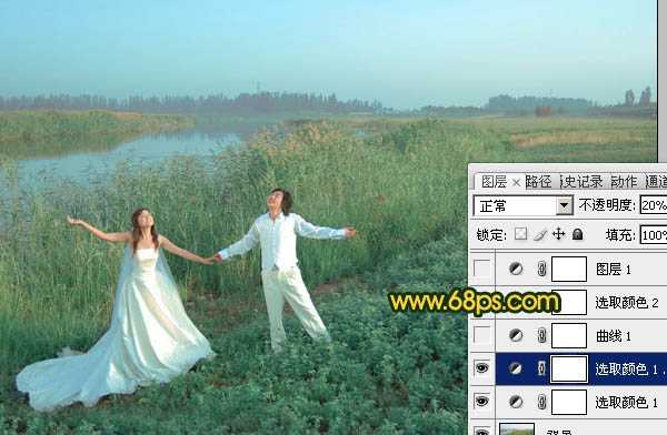‘Photosho将江景芦苇婚片打造成唯美的晨曦效果‘