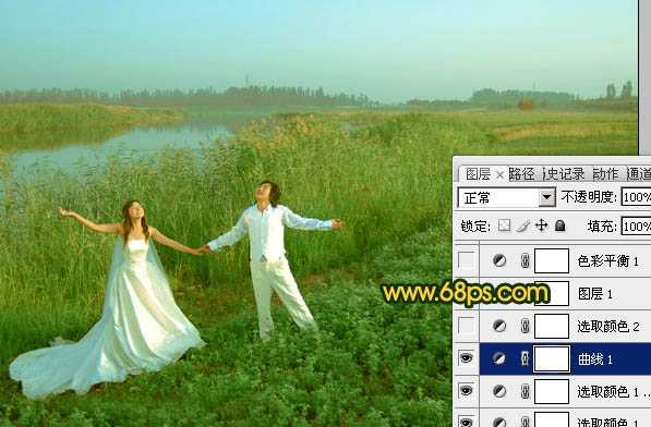 ‘Photosho将江景芦苇婚片打造成唯美的晨曦效果‘