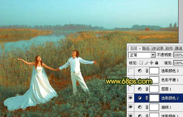 ‘Photosho将江景芦苇婚片打造成唯美的晨曦效果‘