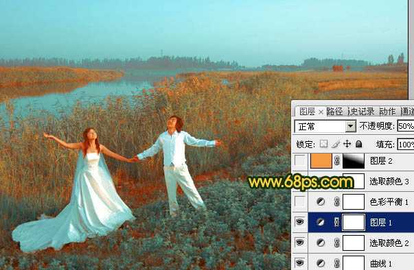 ‘Photosho将江景芦苇婚片打造成唯美的晨曦效果‘