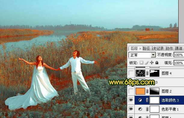 ‘Photosho将江景芦苇婚片打造成唯美的晨曦效果‘