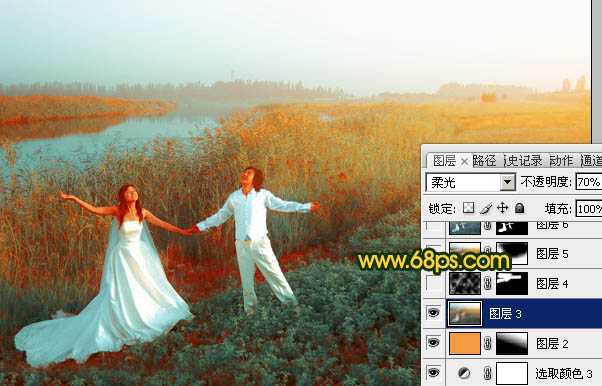 ‘Photosho将江景芦苇婚片打造成唯美的晨曦效果‘