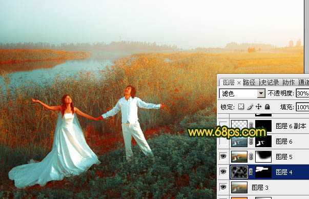 ‘Photosho将江景芦苇婚片打造成唯美的晨曦效果‘