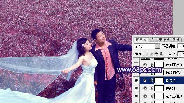 ‘Photoshop将草地婚片调制出柔美的蓝紫色‘
