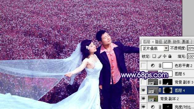 ‘Photoshop将草地婚片调制出柔美的蓝紫色‘