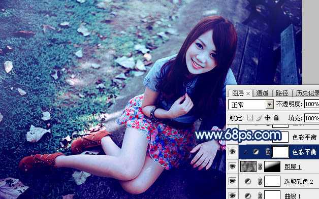 ‘Photoshop将秋季人物图片打造唯美的暗调青蓝色‘