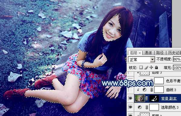 ‘Photoshop将秋季人物图片打造唯美的暗调青蓝色‘