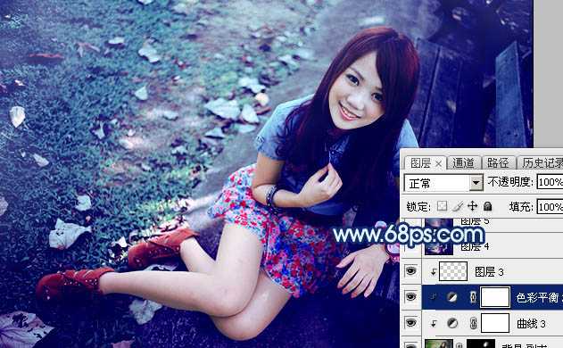 ‘Photoshop将秋季人物图片打造唯美的暗调青蓝色‘