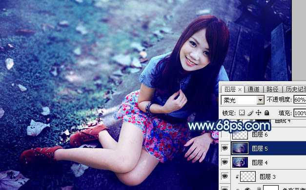 ‘Photoshop将秋季人物图片打造唯美的暗调青蓝色‘