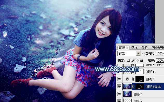‘Photoshop将秋季人物图片打造唯美的暗调青蓝色‘
