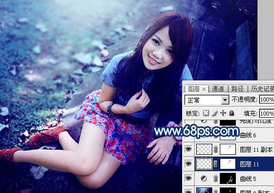 ‘Photoshop将秋季人物图片打造唯美的暗调青蓝色‘