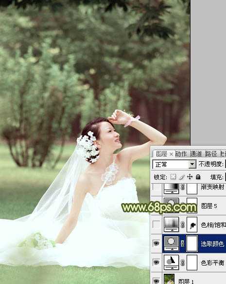 ‘Photoshop将外景婚片调成淡淡的黄绿甜美色‘