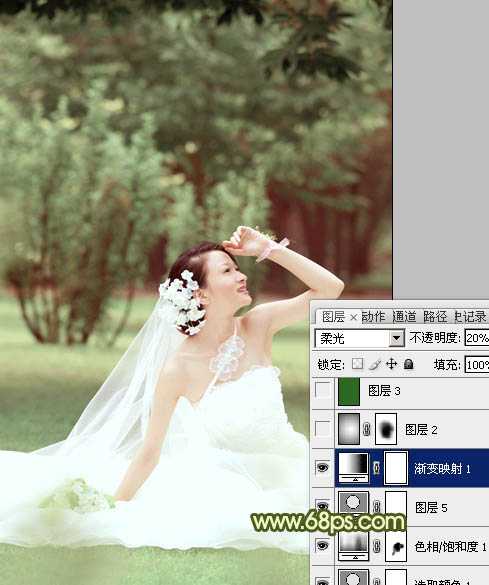 ‘Photoshop将外景婚片调成淡淡的黄绿甜美色‘