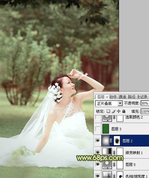 ‘Photoshop将外景婚片调成淡淡的黄绿甜美色‘