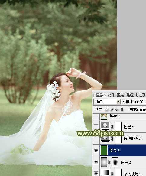 ‘Photoshop将外景婚片调成淡淡的黄绿甜美色‘