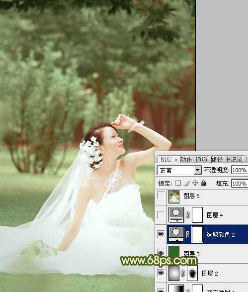 ‘Photoshop将外景婚片调成淡淡的黄绿甜美色‘