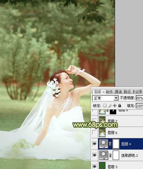 ‘Photoshop将外景婚片调成淡淡的黄绿甜美色‘