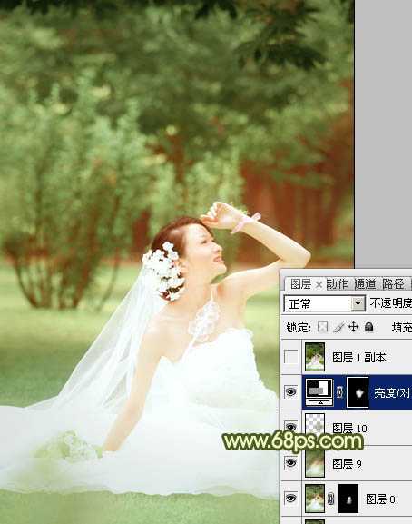 ‘Photoshop将外景婚片调成淡淡的黄绿甜美色‘