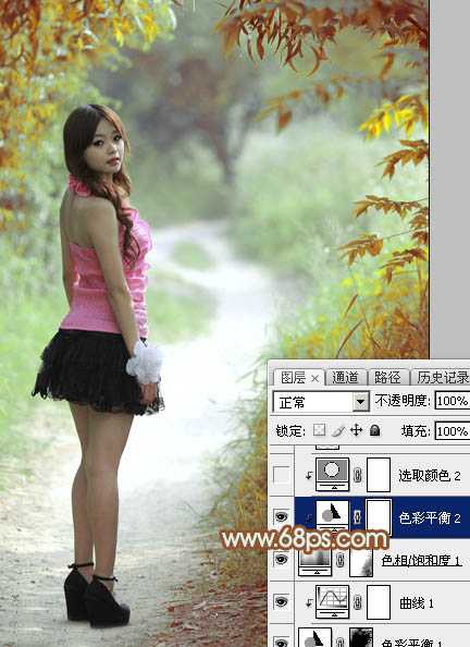 ‘Photoshop给绿树中的人物加上唯美的秋季橙绿色‘