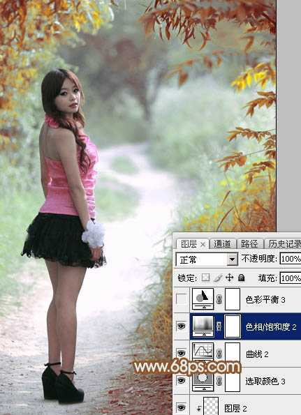 ‘Photoshop给绿树中的人物加上唯美的秋季橙绿色‘